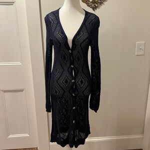 Free People Navy Blue crocheted style Long Cardigan with Button Closure